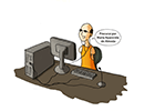 Ilustração de um homem cego e sem braços utilizando um computador
