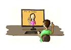 Ilustração de um jovem surdo ou com deficiência auditiva, usando o computador durante um curso online