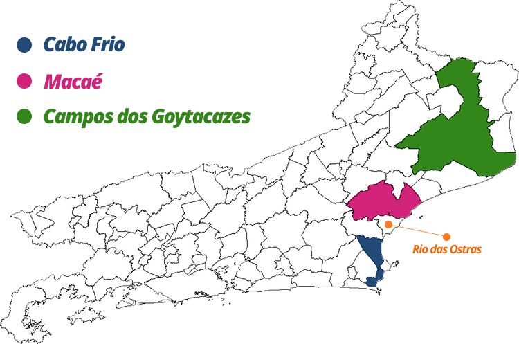 Mapa do estado do Rio de Janeiro destacando as distâncias das cidades de Cabo Frio, Macaé e Campos dos Goytacazes para Rio das Ostras