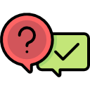 Perguntas e Respostas: Ícone com balões de fala com os sinais de interrogação (?) e verificado