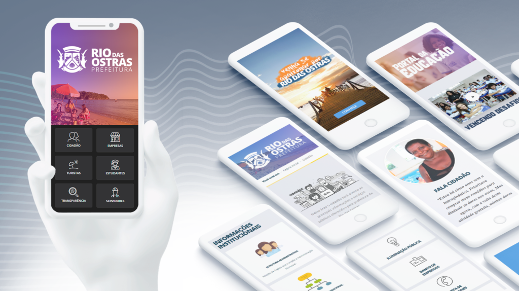 Imagem ilustrativa de vários celulares com algumas das páginas do novo portal da prefeitura