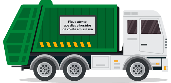 Ilustração de um caminhão de lixo - Por cima da imagem escrito: Fique atento! Descarte o seu lixo apenas nos dias e horários de coleta em sua rua!