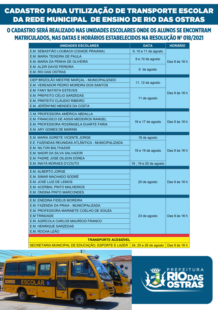 Cadastro para utilização do Transporte Escolar