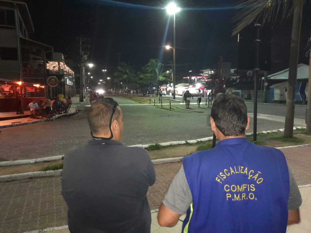 Fiscais de costas com colete identificador observando a rua
