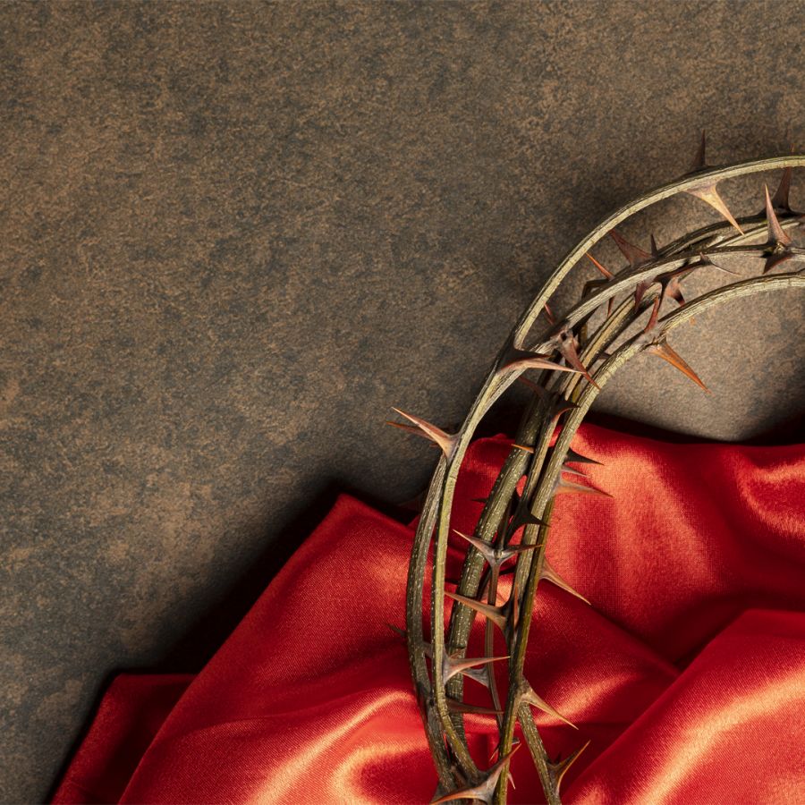 Manto vermelho e coroa de espinhos, que simbolizam a Paixão de Cristo