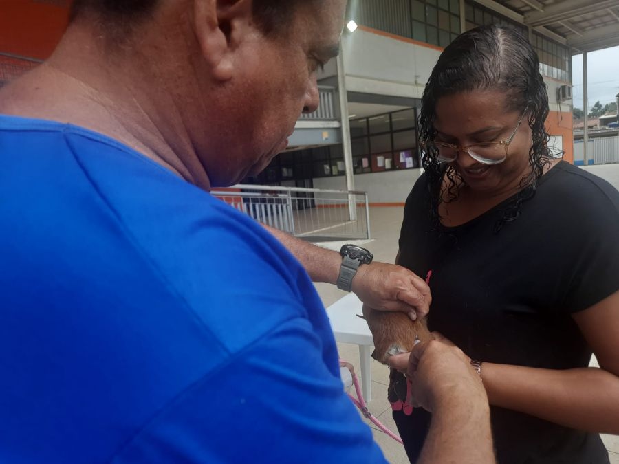 Homem vacina cão no colo de uma mulher